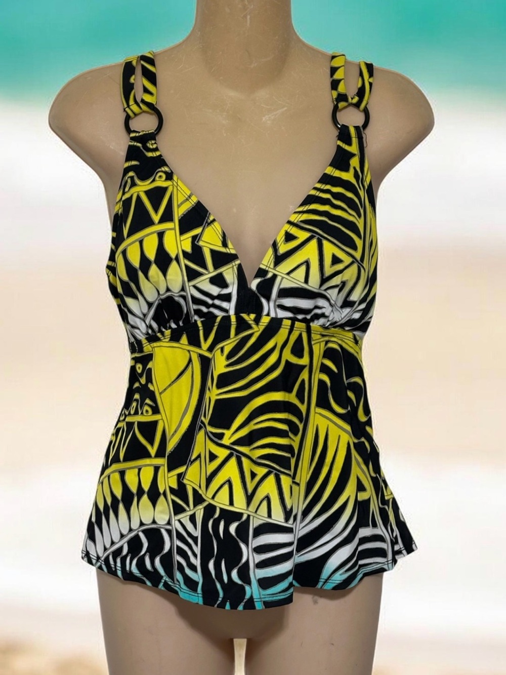 Contour Yellow, Black & White Patterned V-Neck Tankini Top